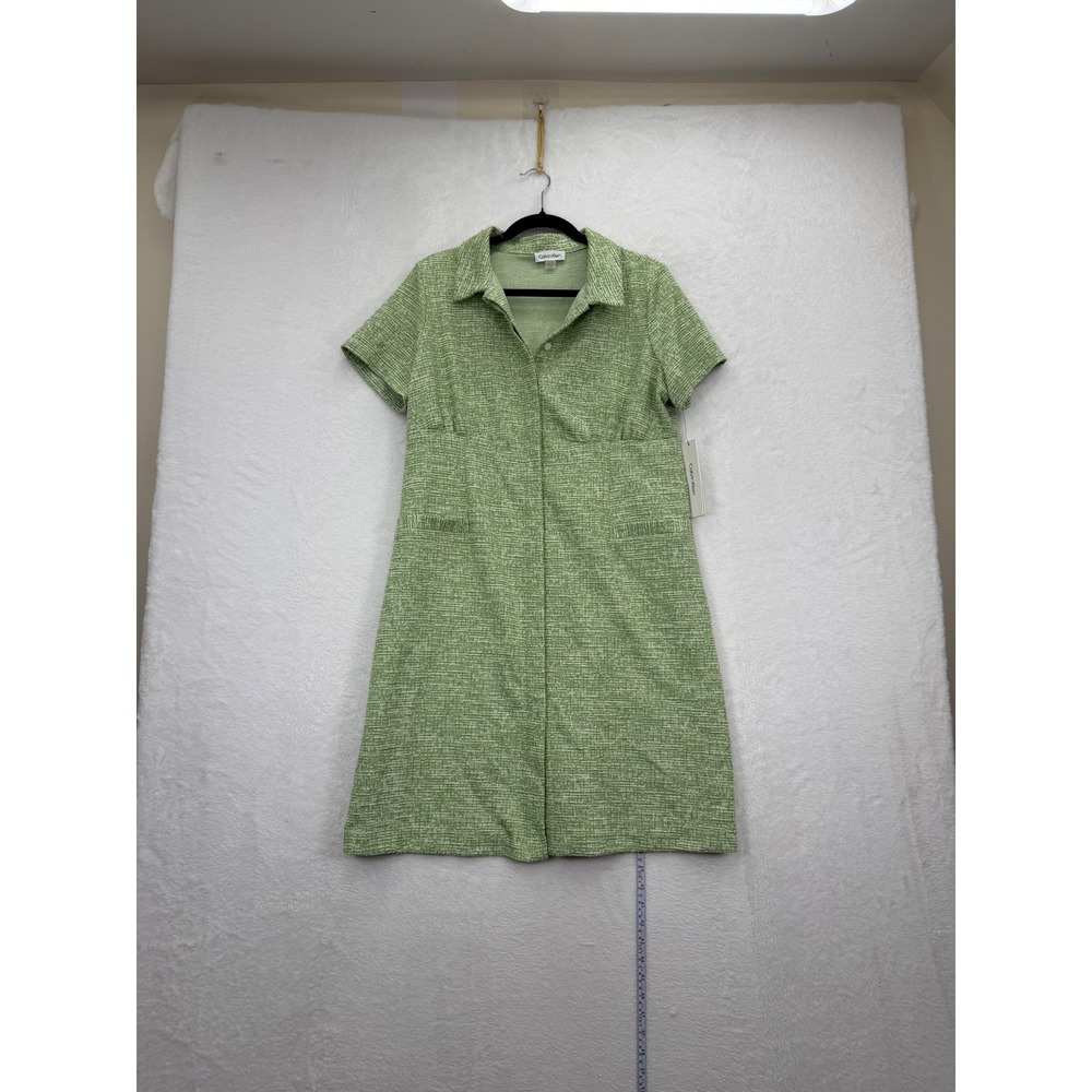 Calvin Klein Dress Womens 10 New Green Tweed Short Sleeve Collared MSRP $134